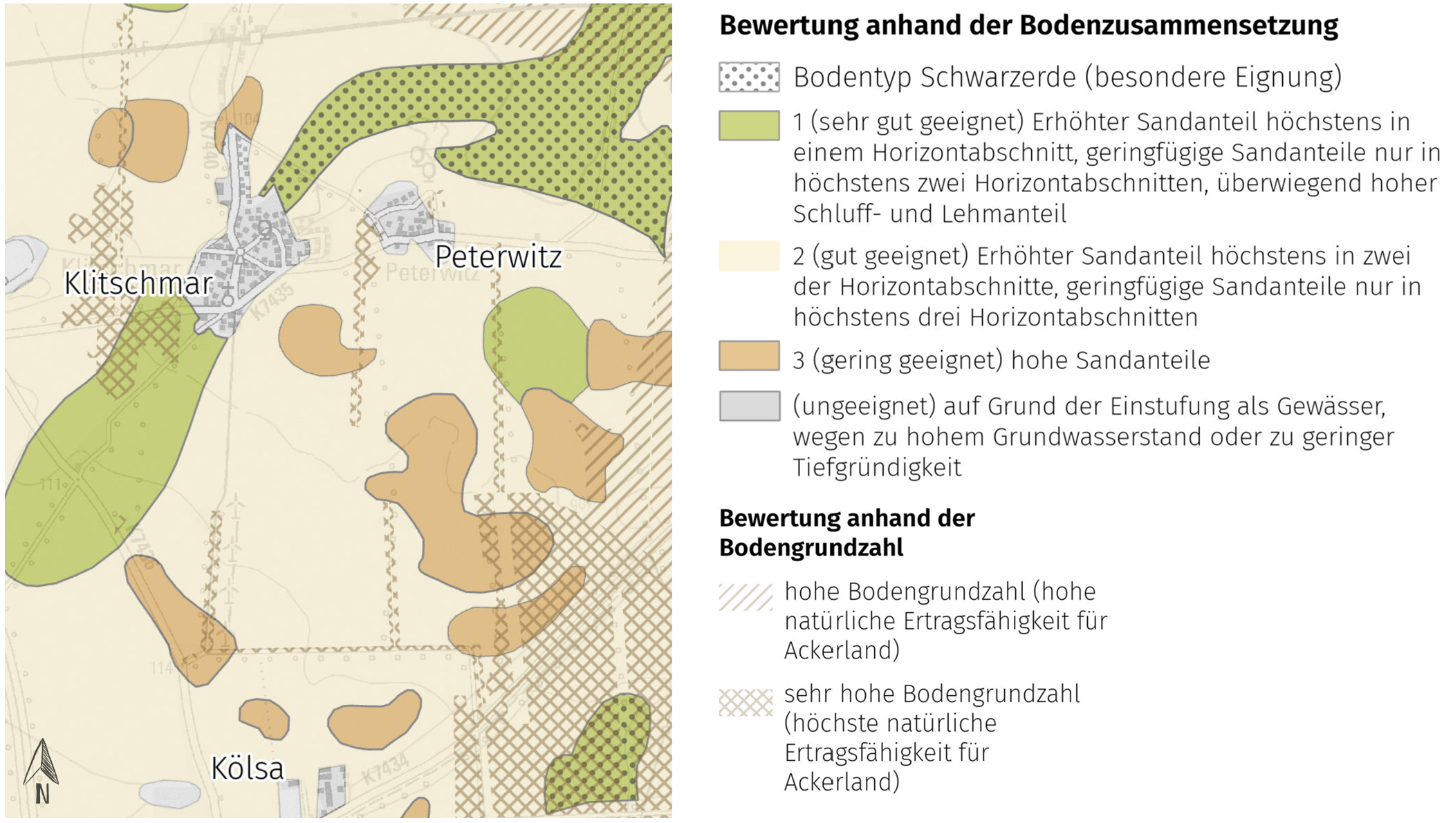 Die Abbildung zeigt einen Kartenausschnitt, auf dem in Farbabstufungen eine „sehr gute“, „gute“ oder „geringe“ Bodeneignung abzulesen ist. In einer Punktschraffur ist außerdem der Bodentyp „Schwarzerde“ überlagert, der für eine besondere Eignung spricht. Zusätzliche Strichschraffuren zeigen eine hohe oder sehr hohe Bodengrundzahl an, die Aufschluss über die Ertragsfähigkeit des Ackerlands gibt.